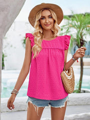 Round neck slim fit fresh ruffled short-sleeved top - 808Lush