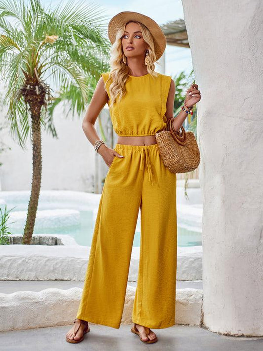 Round neck slim fit sleeveless top and trousers two piece set - 808Lush