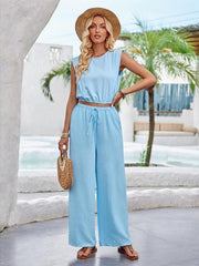 Round neck slim fit sleeveless top and trousers two piece set - 808Lush