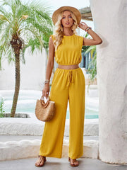 Round neck slim fit sleeveless top and trousers two piece set - 808Lush