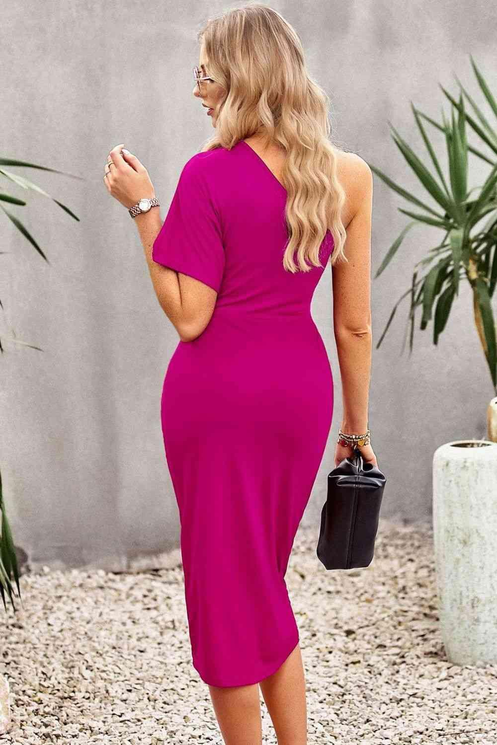 Ruched One-Shoulder Tulip Hem Dress - 808Lush