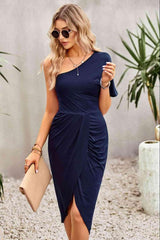 Ruched One-Shoulder Tulip Hem Dress - 808Lush