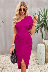 Ruched One-Shoulder Tulip Hem Dress - 808Lush