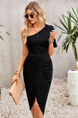 Ruched One-Shoulder Tulip Hem Dress - 808Lush