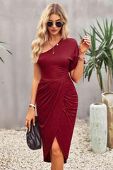 Ruched One-Shoulder Tulip Hem Dress - 808Lush