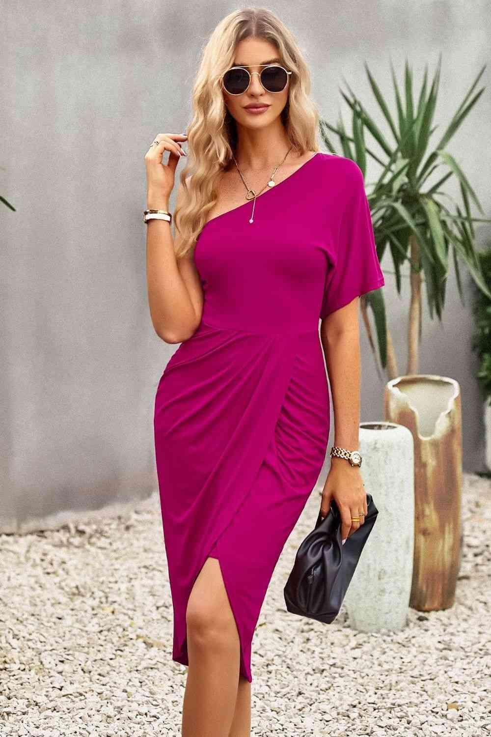 Ruched One-Shoulder Tulip Hem Dress - 808Lush