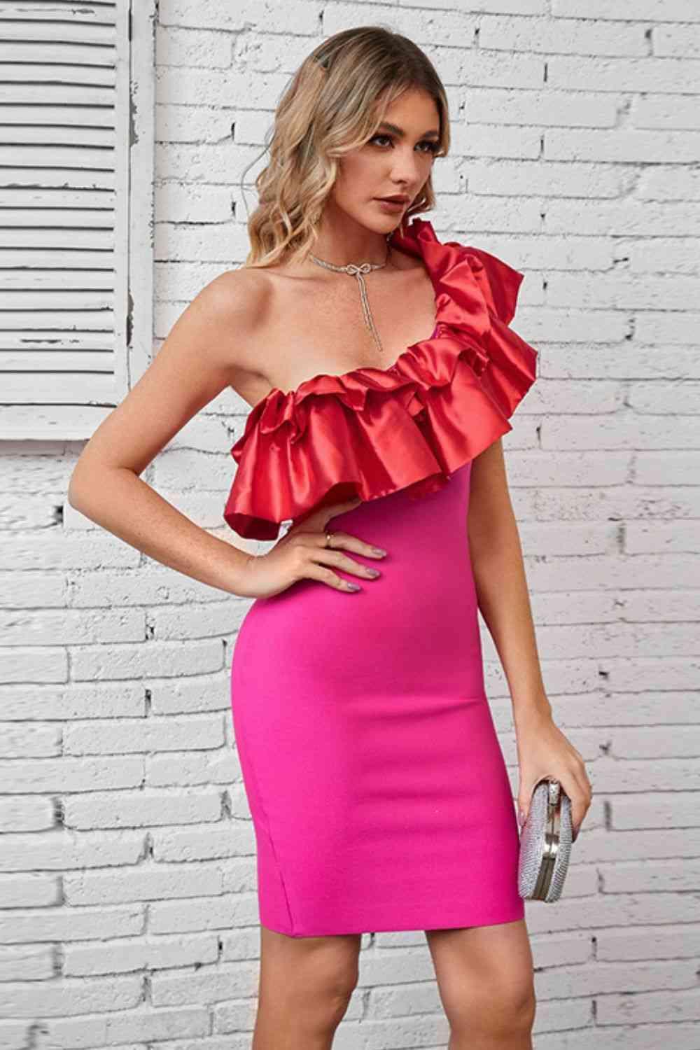 Ruffled One-Shoulder Bodycon Dress - 808Lush