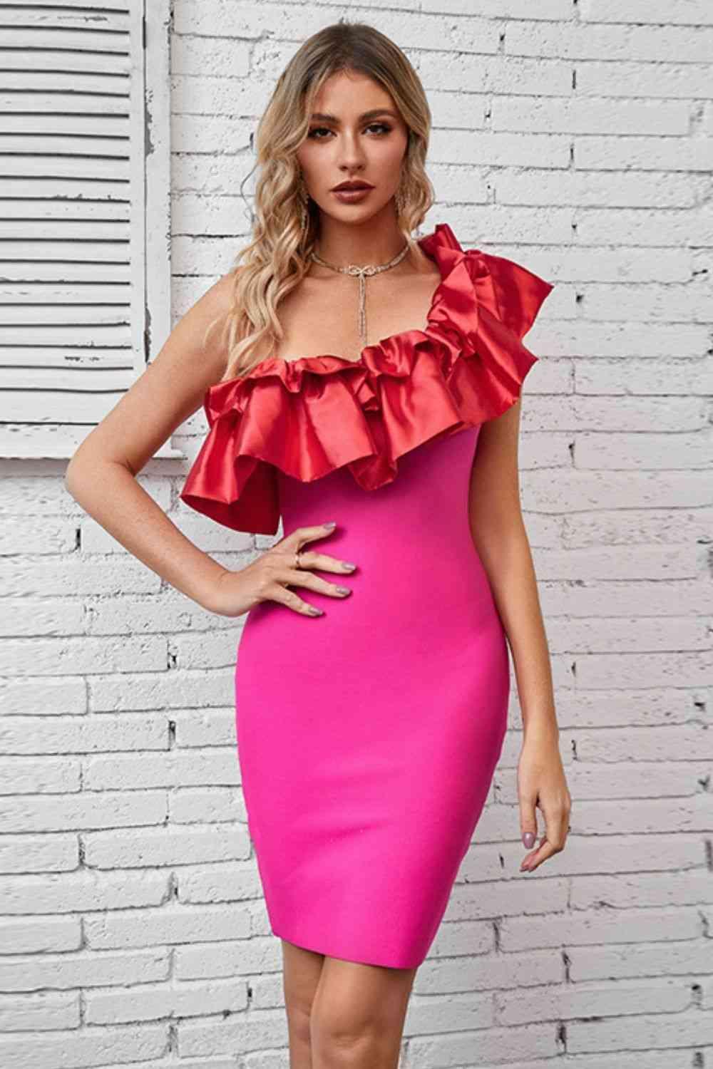 Ruffled One-Shoulder Bodycon Dress - 808Lush