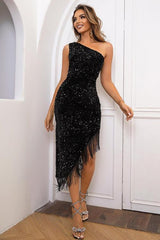 Sequin Asymmetrical Fringe Hem One-Shoulder Dress - 808Lush