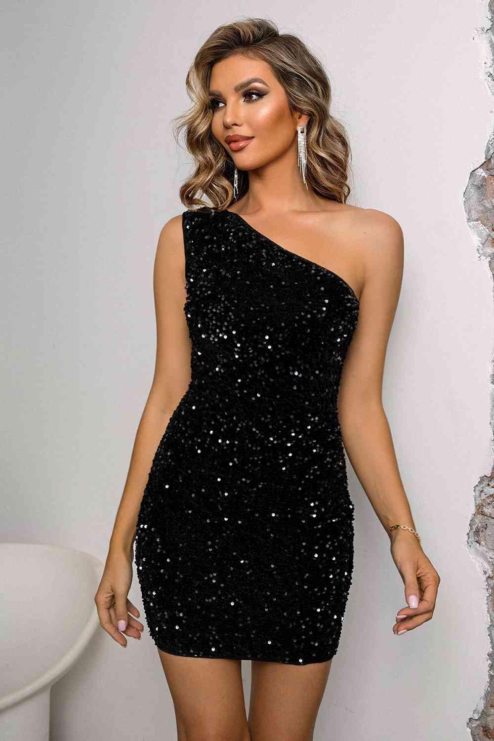 Sequin Lace-Up One-Shoulder Bodycon Dress - 808Lush