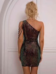 Sequin Rhinestone Chain Detail One-Shoulder Bodycon Dress - 808Lush