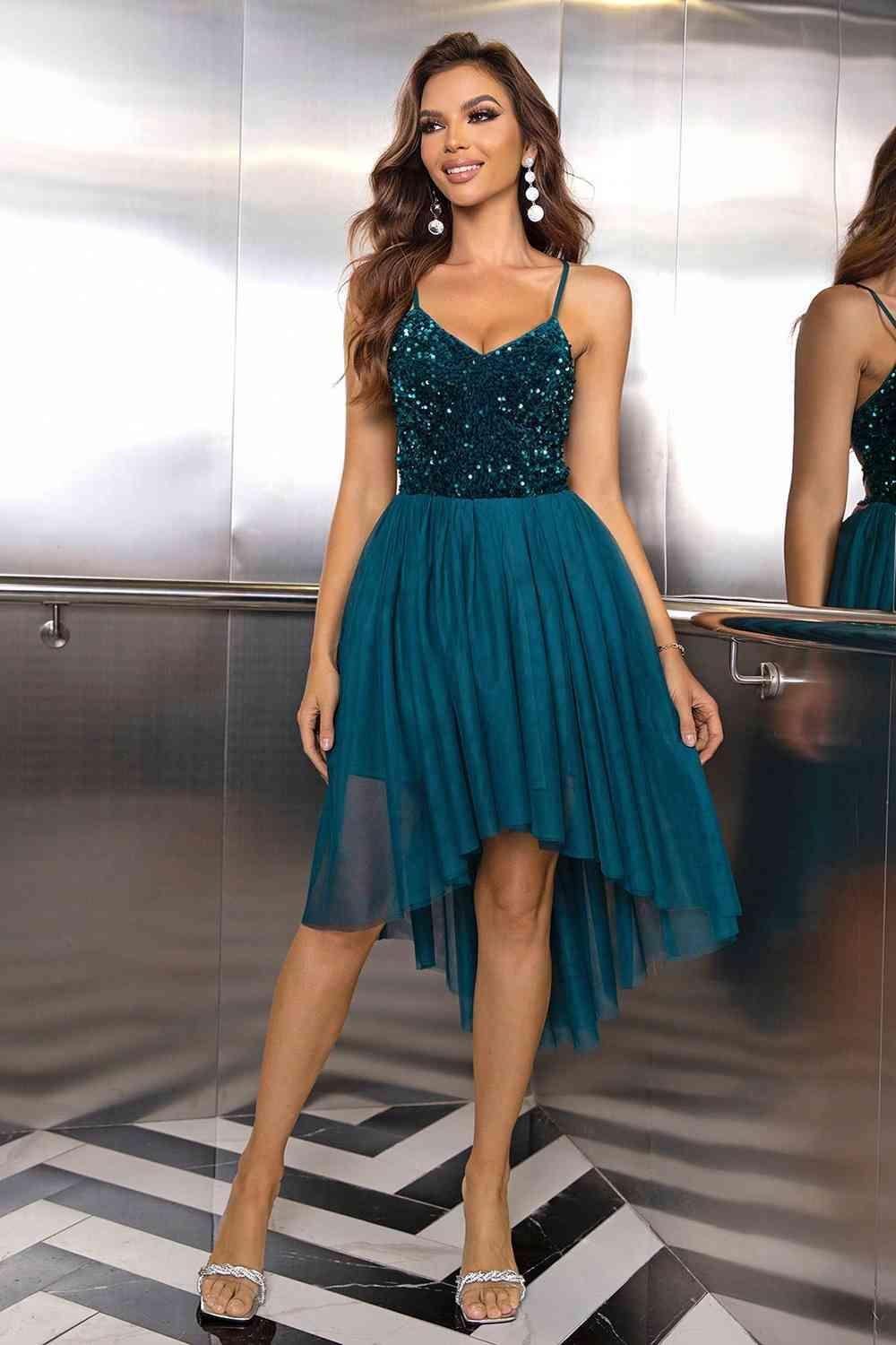 Sequin Spaghetti Strap High-Low Dress - 808Lush