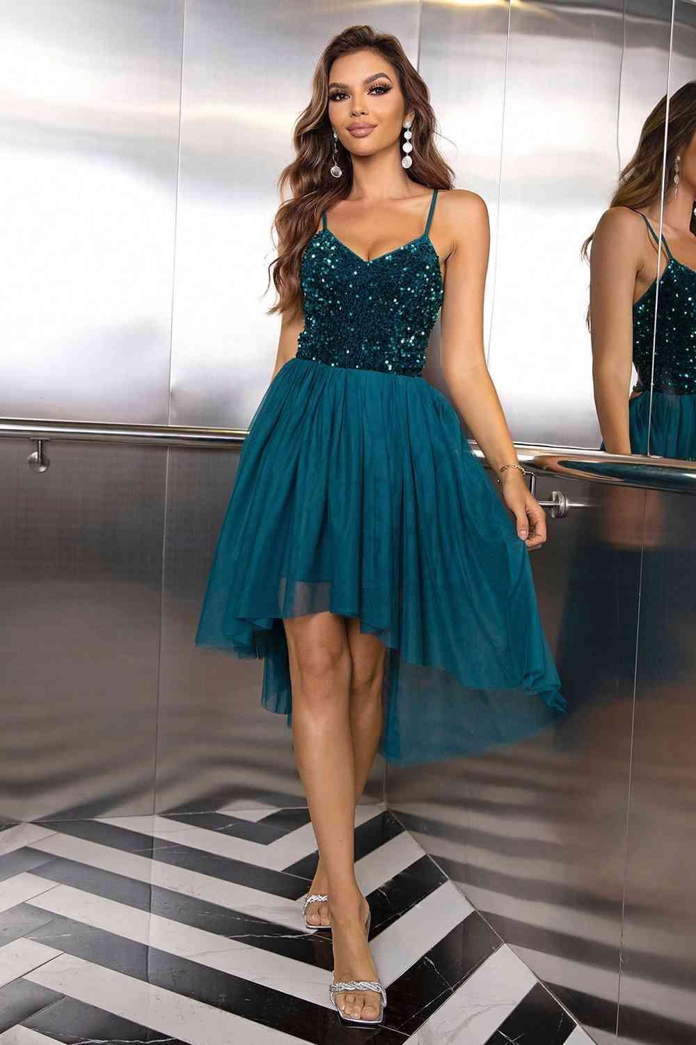 Sequin Spaghetti Strap High-Low Dress - 808Lush