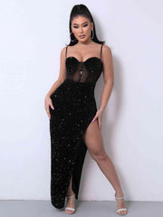 Sequin Spliced Mesh Adjustable Strap Dress - 808Lush