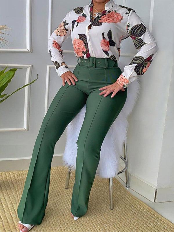 Set printed long-sleeved shirt top wide-leg pants two-piece set - 808Lush