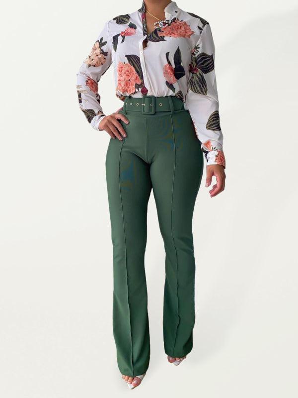 Set printed long-sleeved shirt top wide-leg pants two-piece set - 808Lush