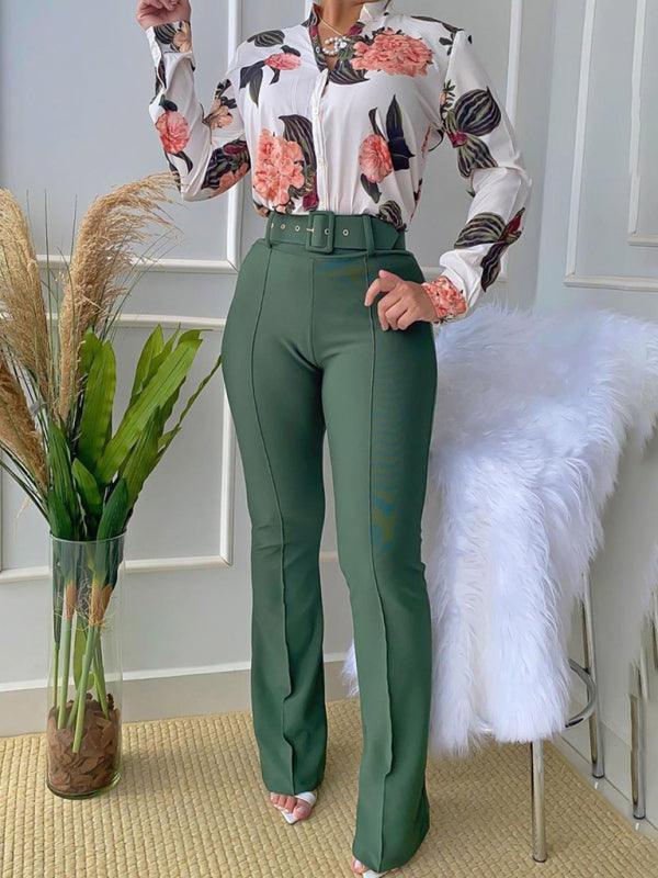 Set printed long-sleeved shirt top wide-leg pants two-piece set - 808Lush