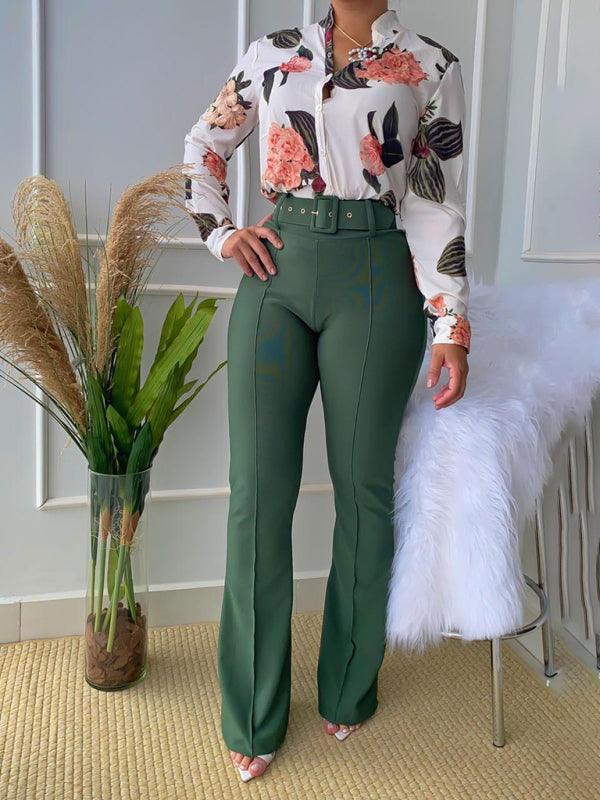 Set printed long-sleeved shirt top wide-leg pants two-piece set - 808Lush