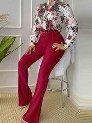 Set printed long-sleeved shirt top wide-leg pants two-piece set - 808Lush