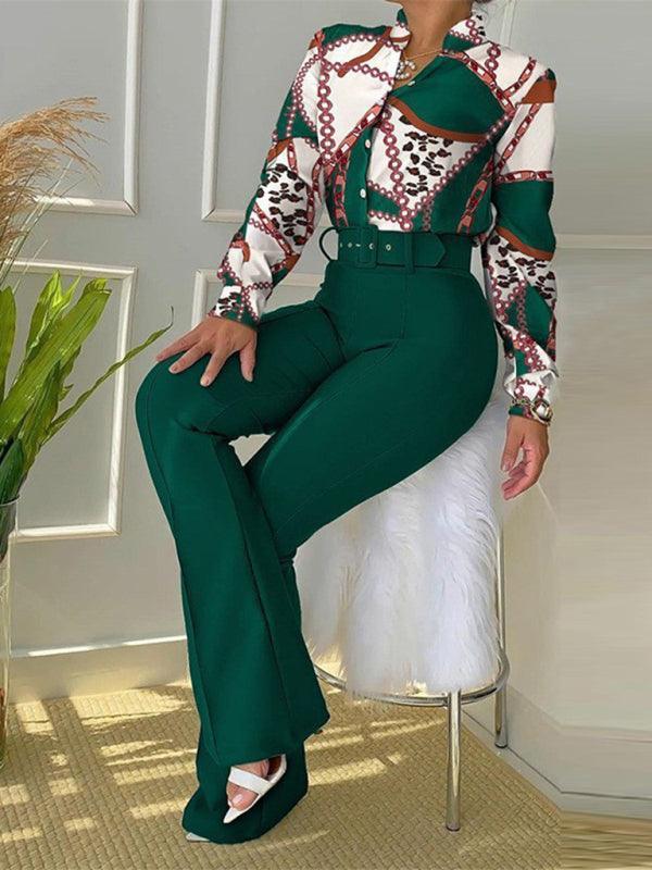 Set printed long-sleeved shirt top wide-leg pants two-piece set - 808Lush