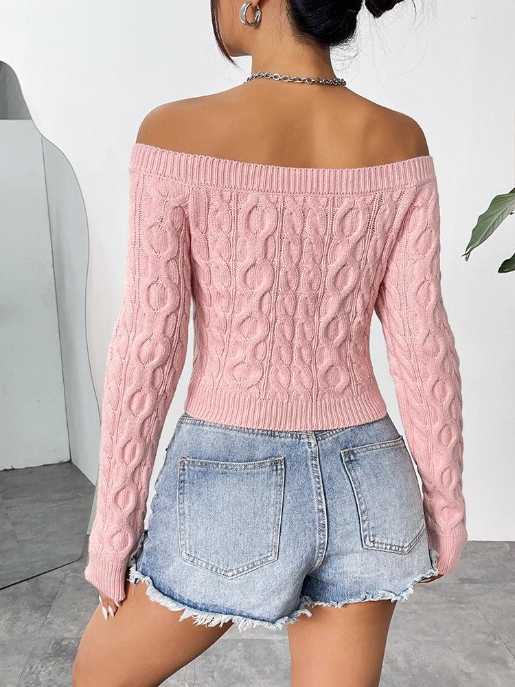 Sexy Cropped Sweater Tops Outerwear off Neck Slim Fit Sweet Pink Sweater - 808Lush