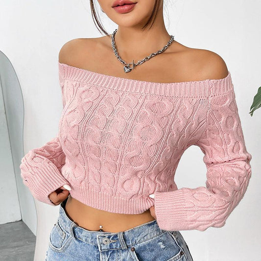 Sexy Cropped Sweater Tops Outerwear off Neck Slim Fit Sweet Pink Sweater - 808Lush