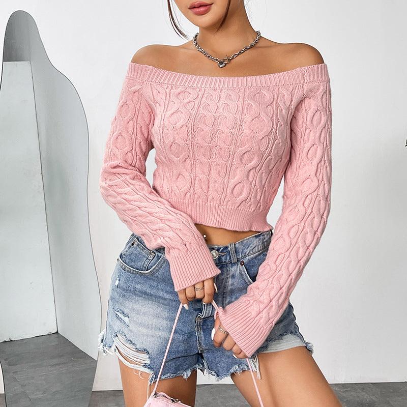 Sexy Cropped Sweater Tops Outerwear off Neck Slim Fit Sweet Pink Sweater - 808Lush