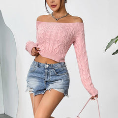 Sexy Cropped Sweater Tops Outerwear off Neck Slim Fit Sweet Pink Sweater - 808Lush