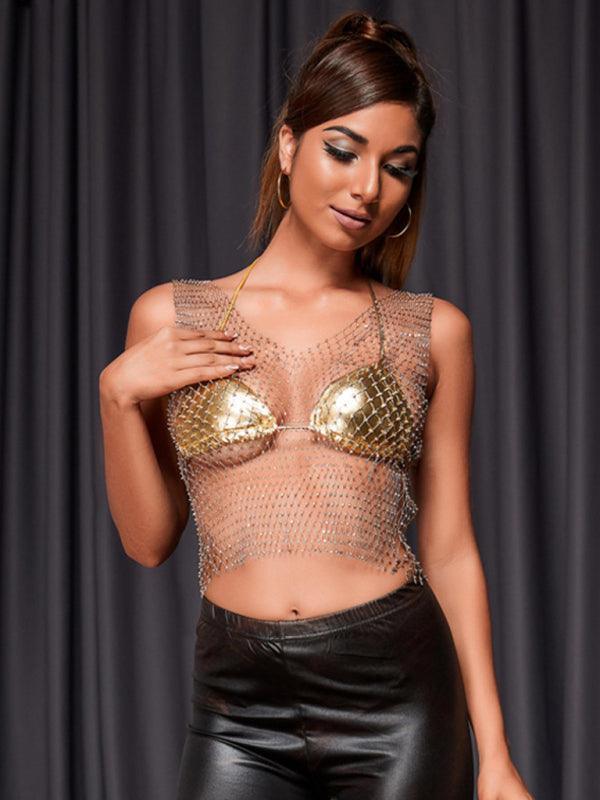 Sexy Nightclub Fishnet Hollow Rhinestone Vest Mesh Flashing Diamond Sling Jacket - 808Lush