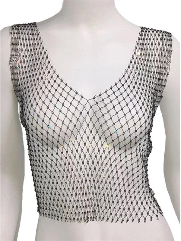 Sexy Nightclub Fishnet Hollow Rhinestone Vest Mesh Flashing Diamond Sling Jacket - 808Lush