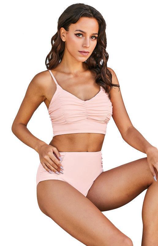 Sexy Stretch Gathered Without Underwire Adjustment Shoulder Strap Top & High Waist Bikini Set - 808Lush