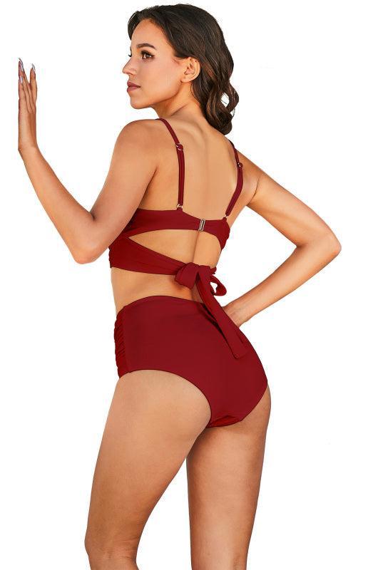 Sexy Stretch Gathered Without Underwire Adjustment Shoulder Strap Top & High Waist Bikini Set - 808Lush