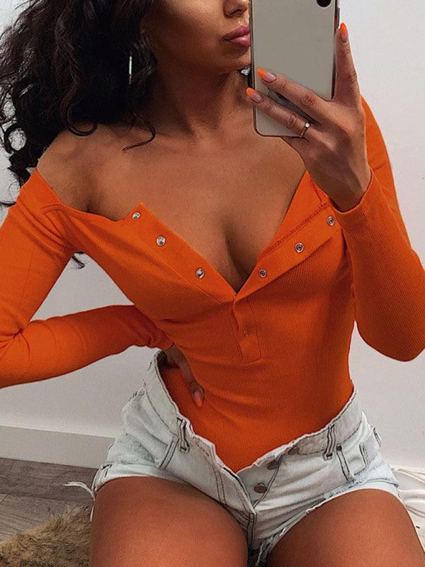 Sexy Tight Casual Buttoned Long Sleeve bodysuit - 808Lush