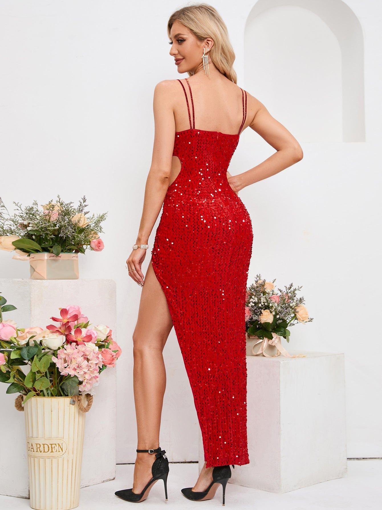 Sexy Tight Elegant High Slit Waist Sequined Dress - 808Lush