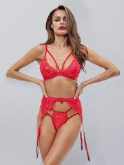 Sexy deep V buttocks heart garter three-piece sexy lingerie - 808Lush