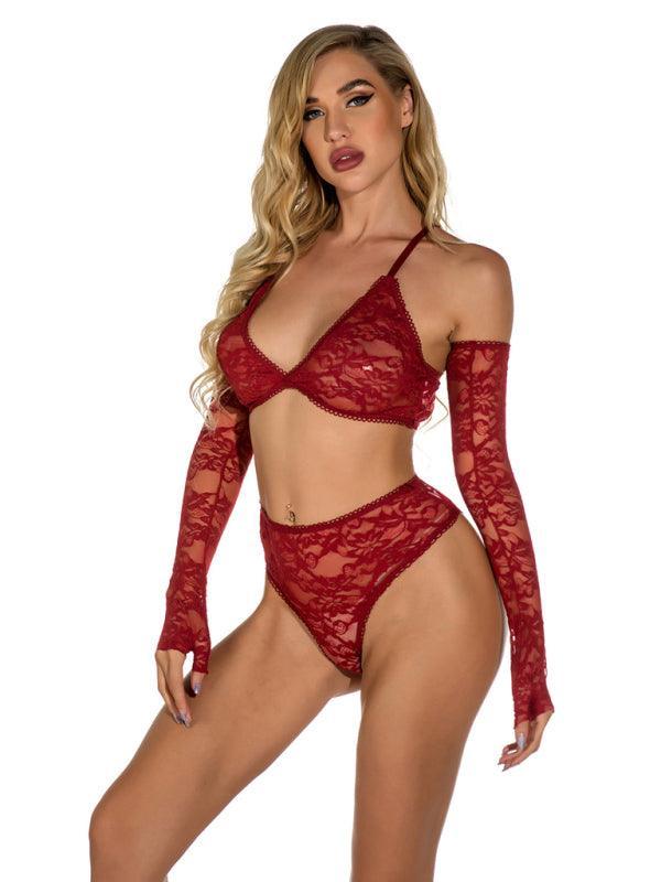 Sexy lingerie, lace transparent with gloves, one-piece home wear - 808Lush