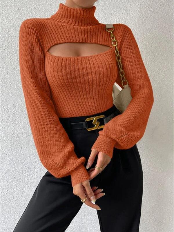 Sexy loose versatile sweater turtleneck hollow sweater outer top - 808Lush