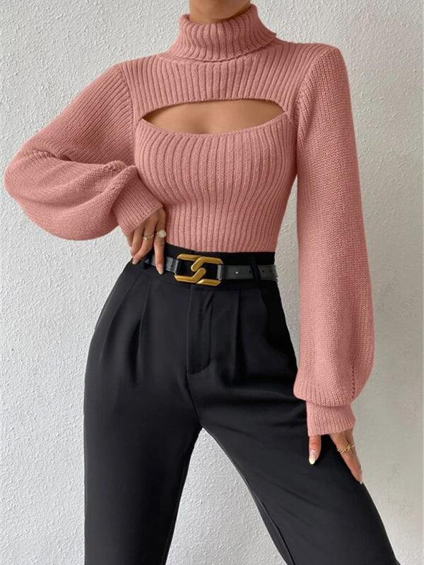 Sexy loose versatile sweater turtleneck hollow sweater outer top - 808Lush