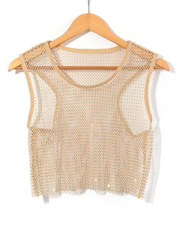 Sexy mesh flash diamond fishnet vest nightclub perspective hot girl T-shirt top - 808Lush