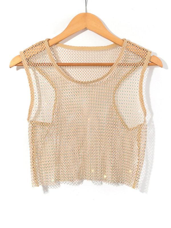 Sexy mesh flash diamond fishnet vest nightclub perspective hot girl T-shirt top - 808Lush