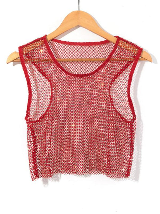 Sexy mesh flash diamond fishnet vest nightclub perspective hot girl T-shirt top - 808Lush