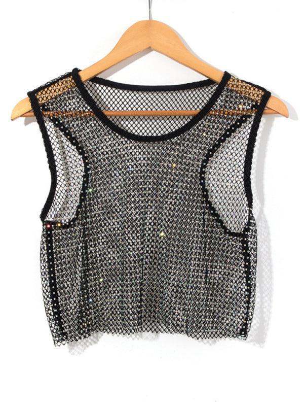 Sexy mesh flash diamond fishnet vest nightclub perspective hot girl T-shirt top - 808Lush