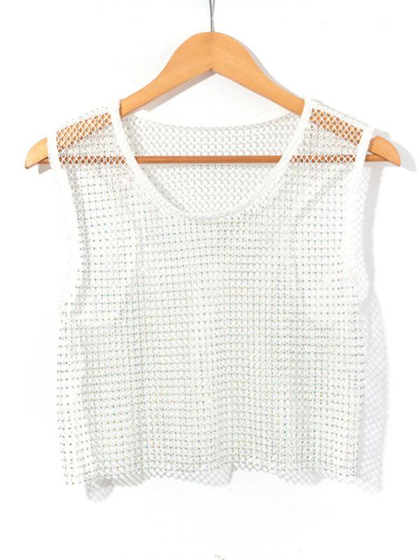 Sexy mesh flash diamond fishnet vest nightclub perspective hot girl T-shirt top - 808Lush