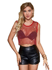 Sexy mesh flash diamond fishnet vest nightclub perspective hot girl T-shirt top - 808Lush