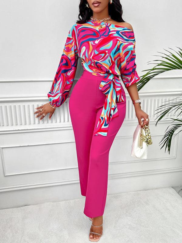 Sexy slanted shoulder shirt and pants suit for women - 808Lush