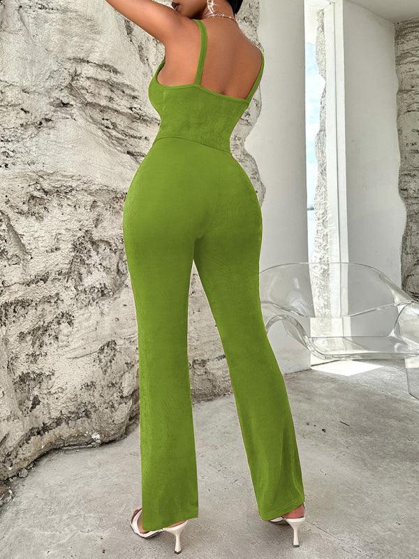 Sexy solid color metal jumpsuit with suspenders - 808Lush