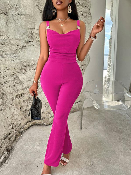 Sexy solid color metal jumpsuit with suspenders - 808Lush