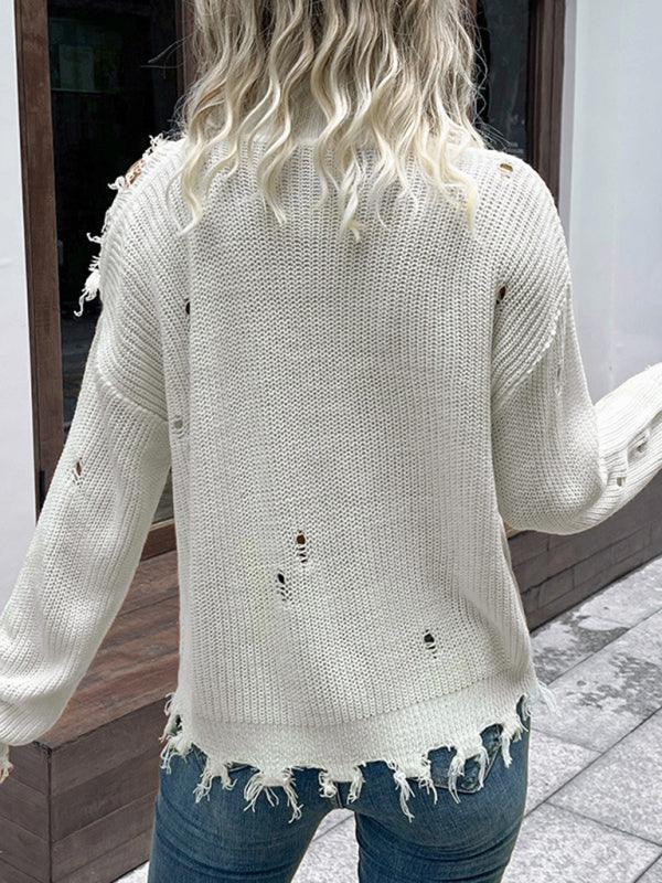 Shabby Long Sleeve Cutout White Turtleneck Sweater - 808Lush