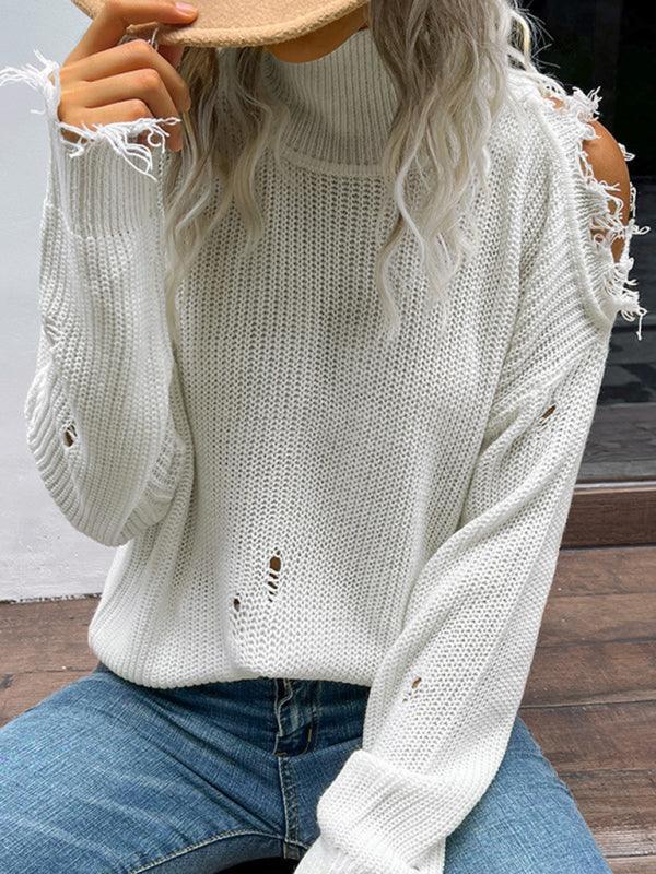 Shabby Long Sleeve Cutout White Turtleneck Sweater - 808Lush