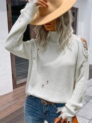 Shabby Long Sleeve Cutout White Turtleneck Sweater - 808Lush